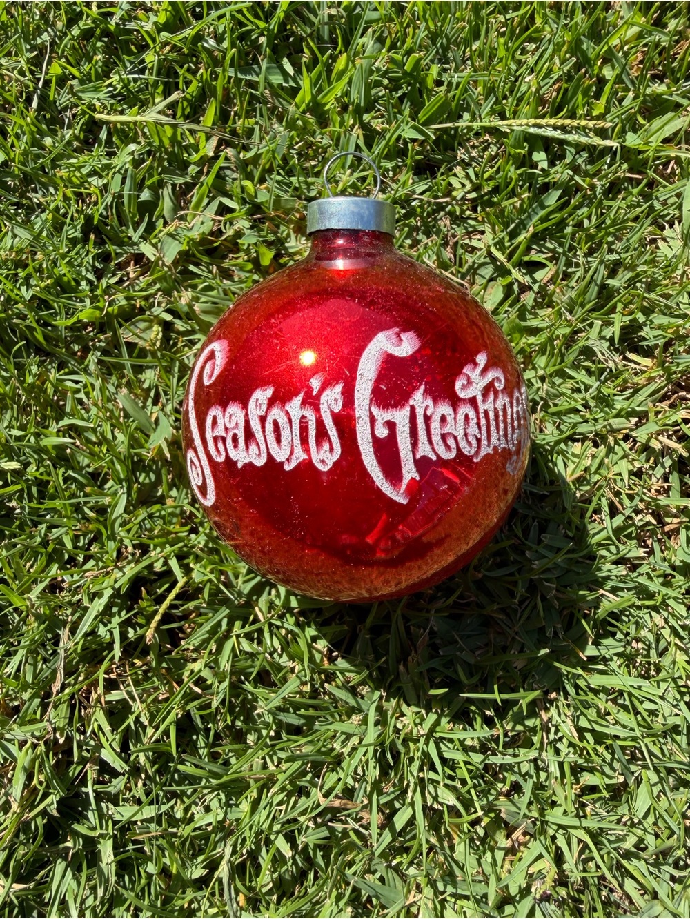VTG Red Mercury Glass Stenciled Christmas Ornament Seasons Greetings Winter 3”